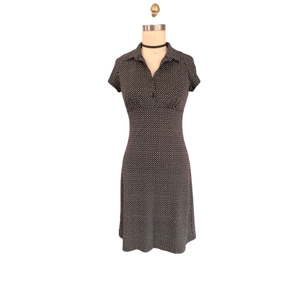 Polka Dot Geometric Byer Too! Collared Empire Waist Dress Small Black Vintage